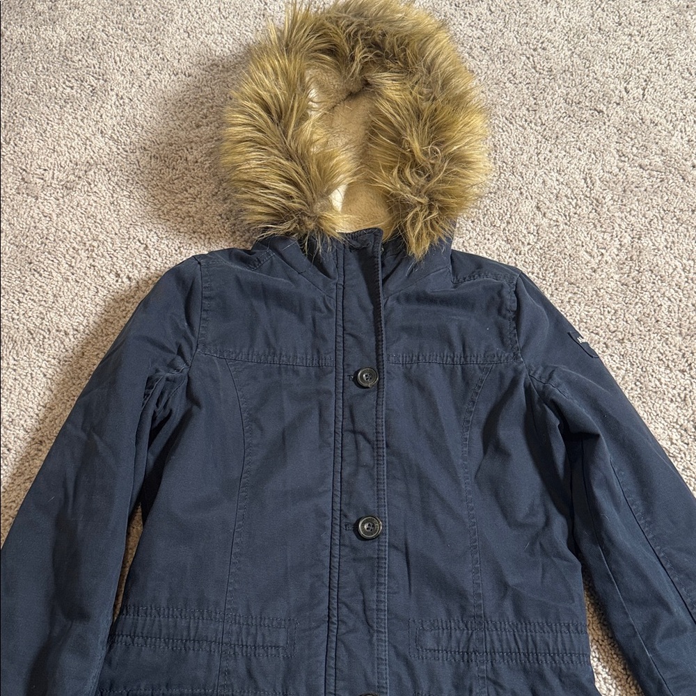 Abercrombie Vintage Y2k Blue Cotton Fur Trim Hood Anorak Parka Jacket